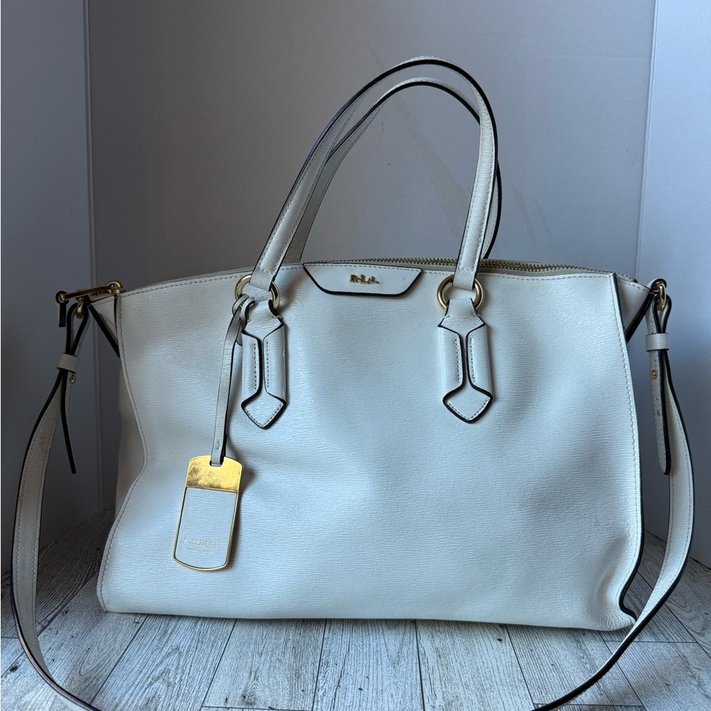 LAUREN Ralph Lauren Tate Handbag White Leather Handbag Purse Satchel B22 *Read*